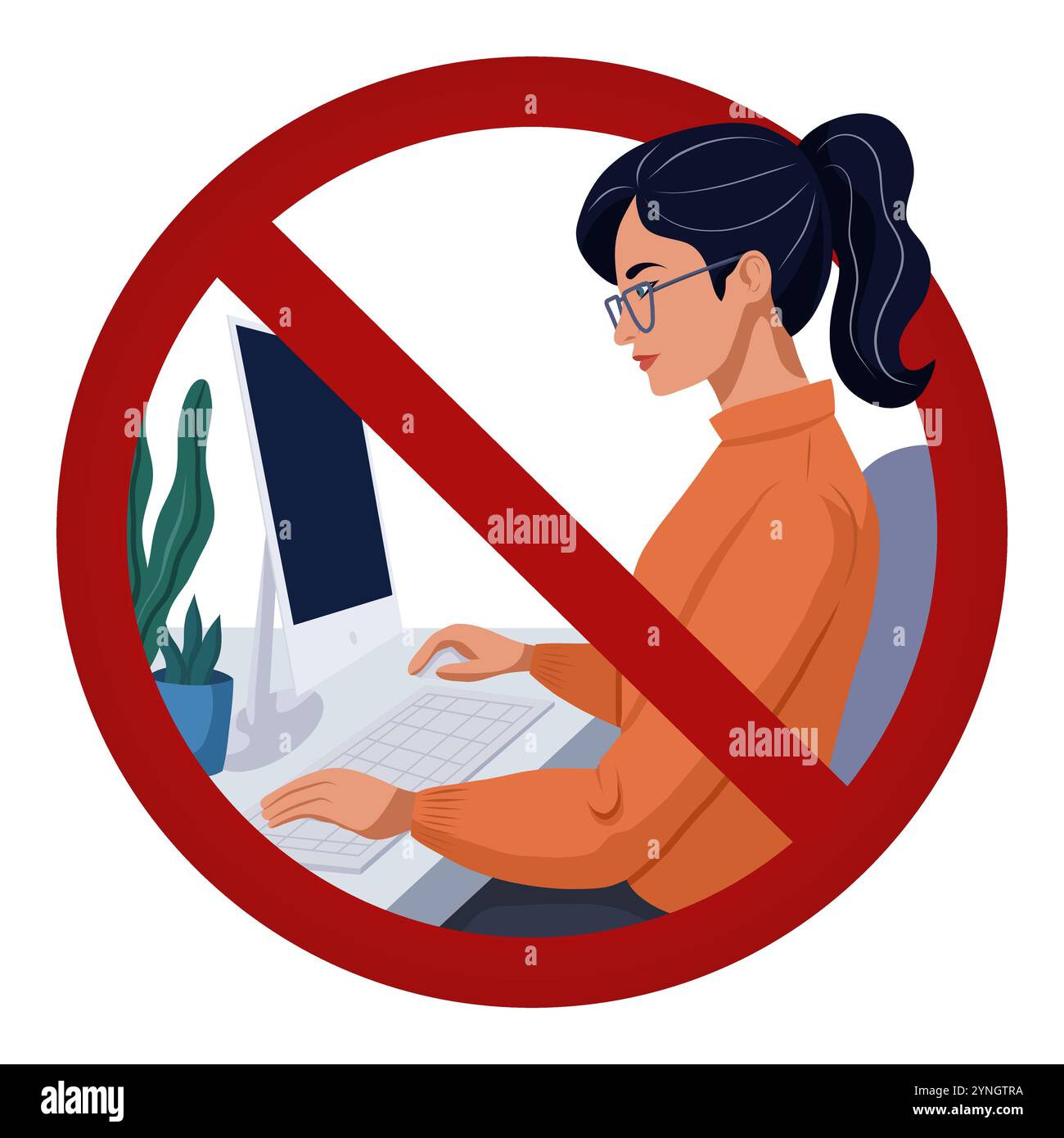 Vektor-Verbotszeichen mit einer Frau, die an einem Computer arbeitet. Freiberufler verboten. Hier ist keine Computerarbeit erlaubt. Abzeichen und Aufkleber Stock Vektor