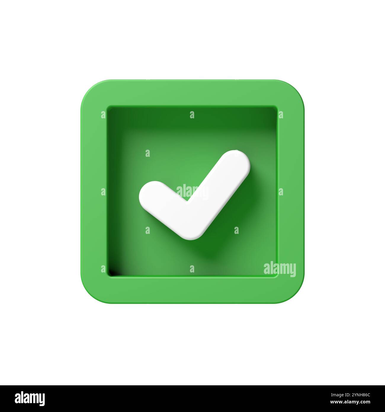 Grünes Häkchen isoliert auf weißem Hintergrund. Häkchen-Symbol. Kreis. Kontrollkästchen. 3D-Abbildung. Stockfoto