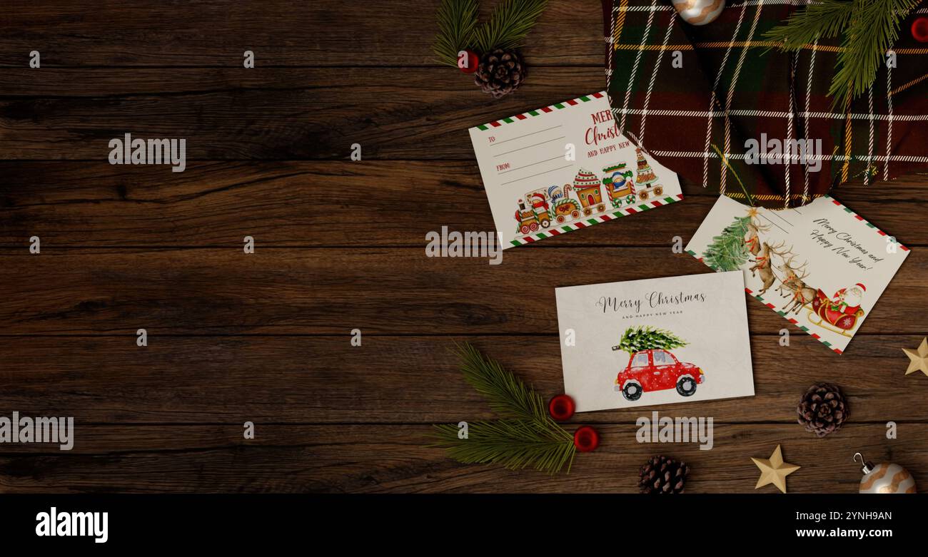 Festliche Kartensammlung auf rustikalem Tisch mit Karomuster, 3D-Rendering. Stockfoto