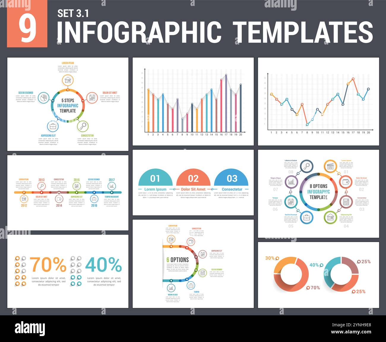 9 Infografikvorlagen, Satz 3, Farben 1 – Zeitachse, Balken- und Liniendiagramme, Tortendiagramm, Prozent, Schritte/Optionen, Kreisdiagramm, Vektor eps10 Illustratio Stock Vektor