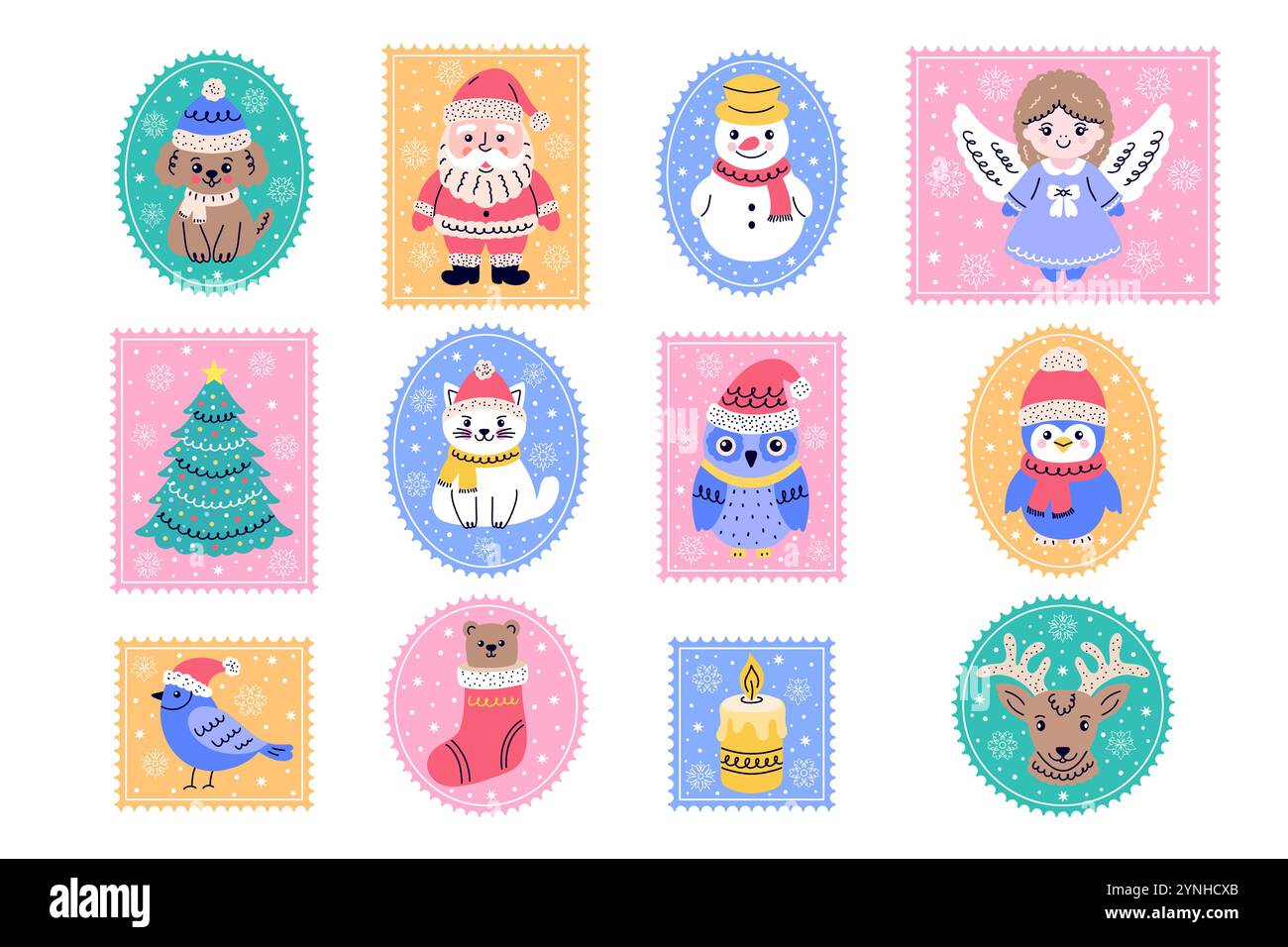 Sammlung von Briefmarken mit süßen Weihnachtsfiguren Stock Vektor