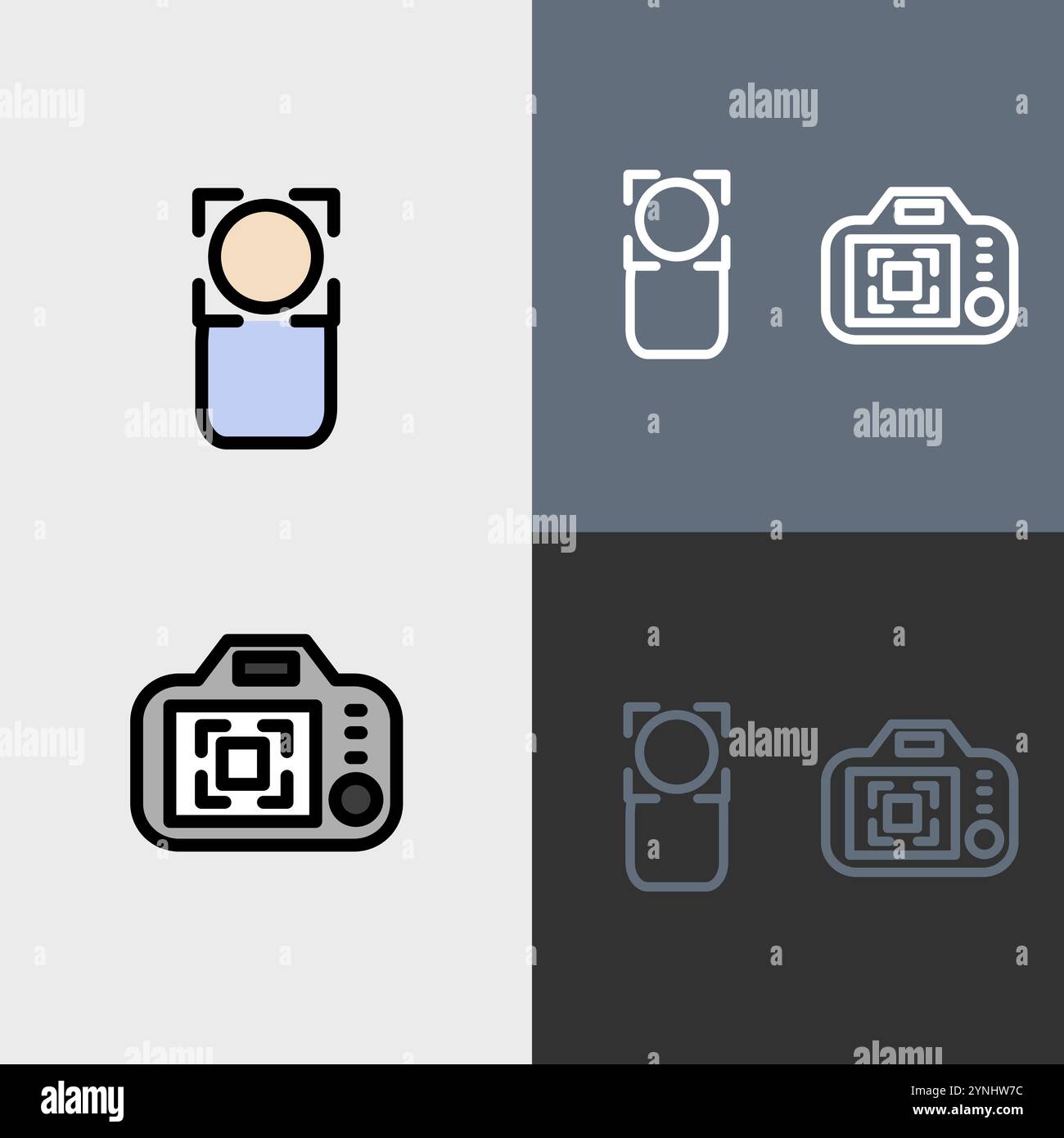 Motivfokus und Kamerahinterseite – Clean and Modern Photography and Video Symbolset. Stock Vektor