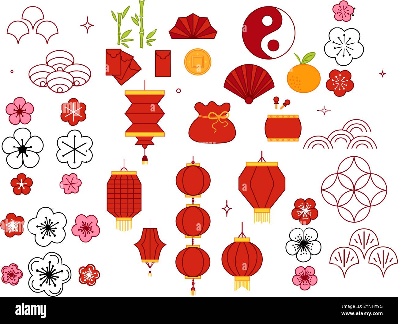Illustrationsset zum Neujahrsfest. Vektorgrafik-Illustrationssatz traditioneller Elemente. Rote Laternen, Kirschblüten, Mandarine, Bambus, roter Umschlag Stock Vektor