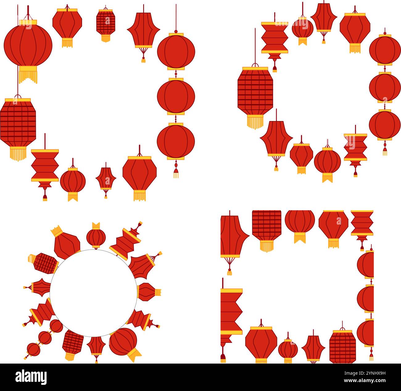 Happy Chinese New Year Festival rote Laterne Kreis runden Rahmen Set. Grafischer Vektor-Illustrationsentwurf für Poster, Banner, Gruß, Karte, Flyer, Cove Stock Vektor