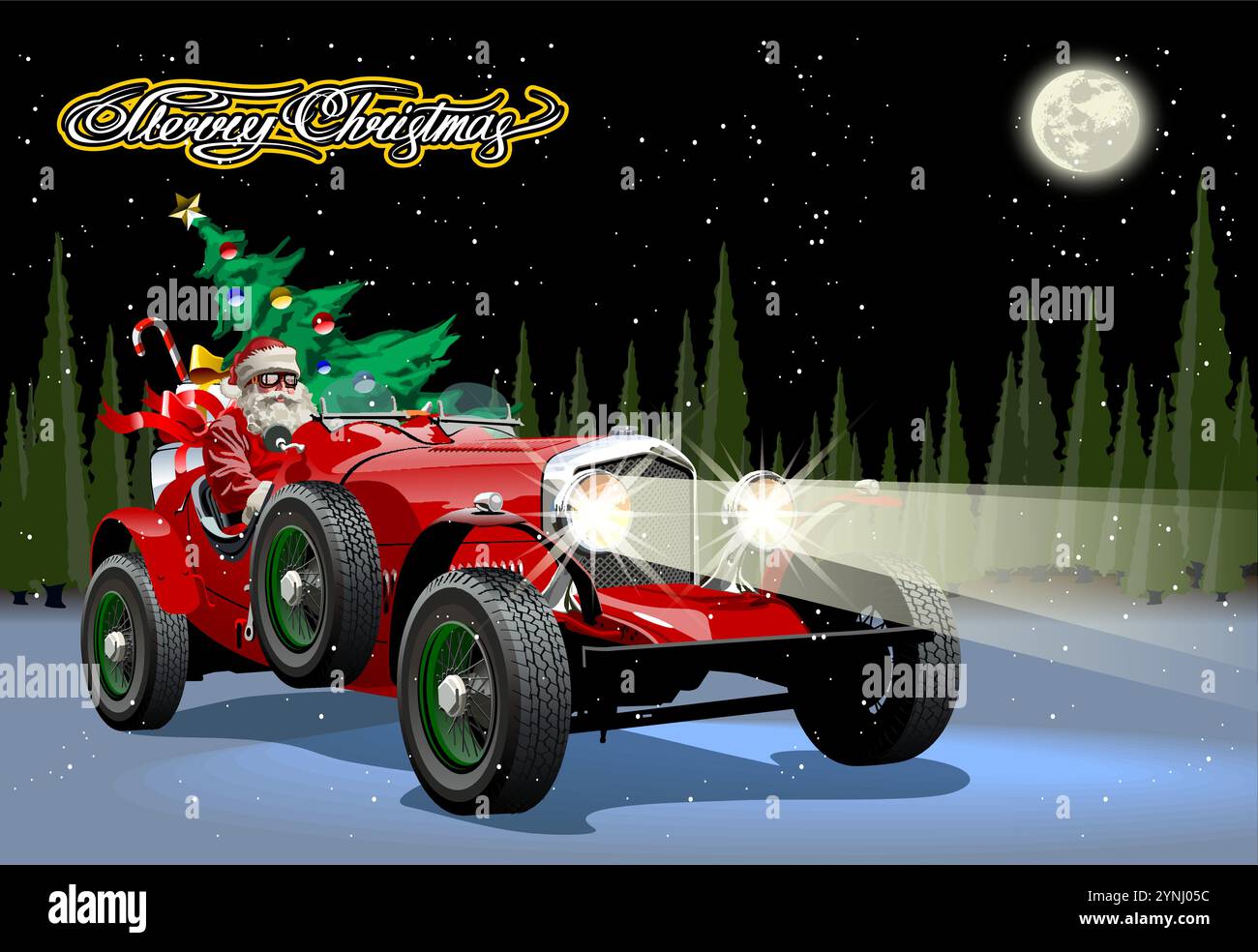 Vektor-Weihnachtsposter mit dem Weihnachtsmann fährt nachts ein Oldtimer mit Geschenken durch den Winterwald. Verfügbares EPS-10-Vektorformat getrennt Stock Vektor Vektor-Weihnachtsposter mit dem Weihnachtsmann fährt nachts ein Oldtimer mit Geschenken durch den Winterwald. Verfügbares EPS-10-Vektorformat getrennt Stock Vektor