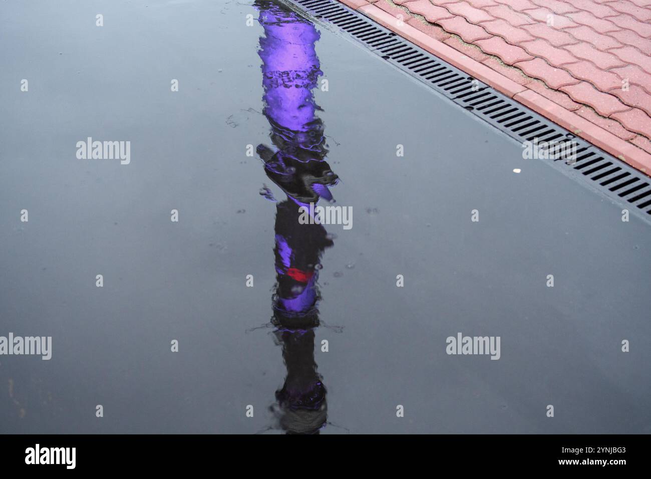 Reflexion des Ostankino-Turms in einer Pfütze nach Regen. Stockfoto