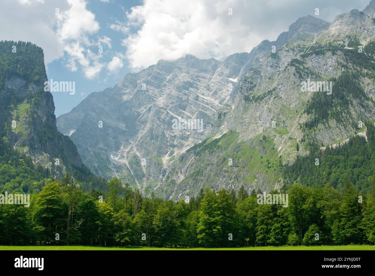 Die Halbinsel Hirschau am Fuße der Watzmannostwand am Königssee in der Schönau, Berchtesgadener Land, Oberbayern, Deutschland Stockfoto