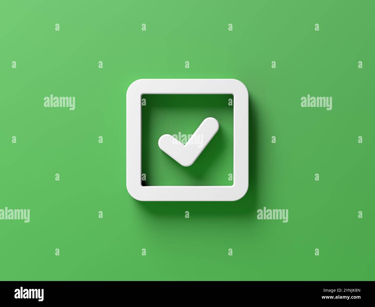 Häkchen isoliert auf grünem Hintergrund. Häkchen-Symbol. Kontrollkästchen. 3D-Abbildung. Stockfoto