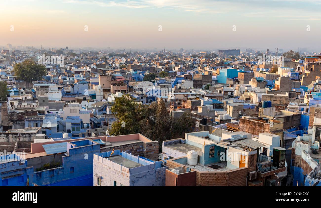 Der Blick auf die überfüllte blaue Stadt vom Gipfel des Berges am Morgen wird jodhpur rajasthan indien aufgenommen. Stockfoto
