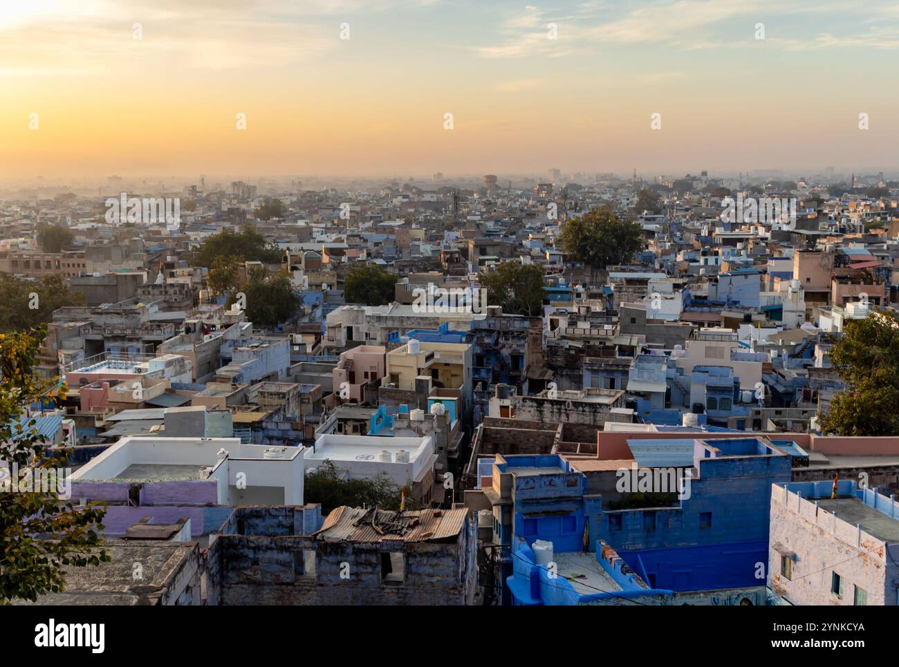 Der Blick auf die überfüllte blaue Stadt vom Gipfel des Berges am Morgen wird jodhpur rajasthan indien aufgenommen. Stockfoto