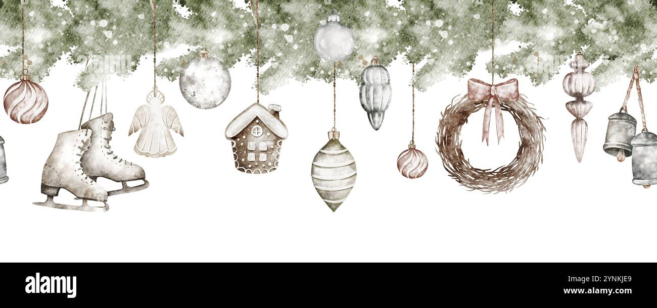 Horizontale nahtlose Weihnachtsleiste mit hängenden Dekorationen. Handgezeichnetes Weihnachtsbanner. Altmodische Socken, Fäustling, auf isoliertem Hintergrund. Stockfoto