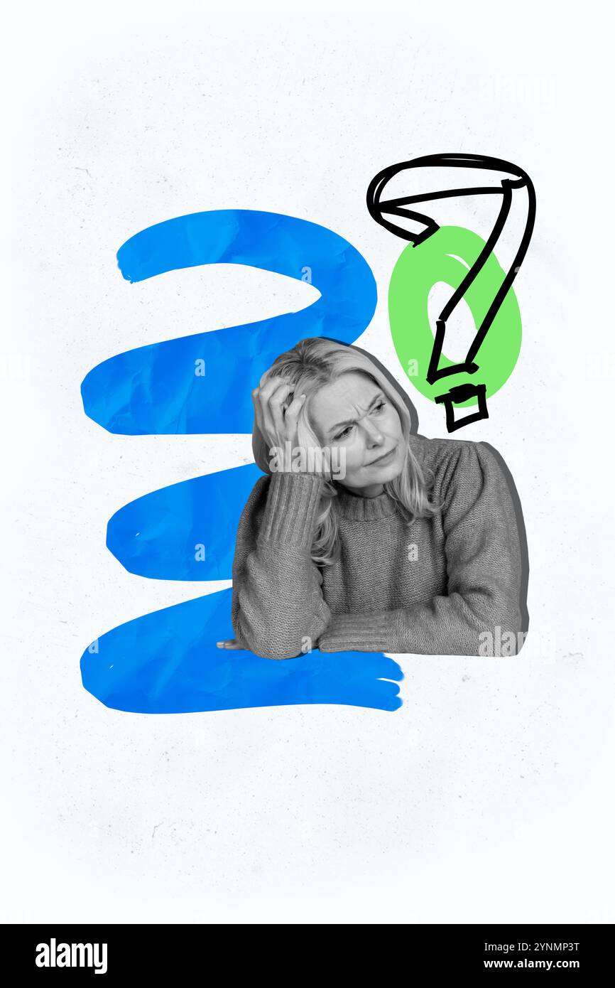Vertikale Fotocollage der unzufriedenen alten Frau denken Lösung Frage Zeichen Dilemma Kontemplation Idee isoliert auf gemalten Hintergrund Stockfoto