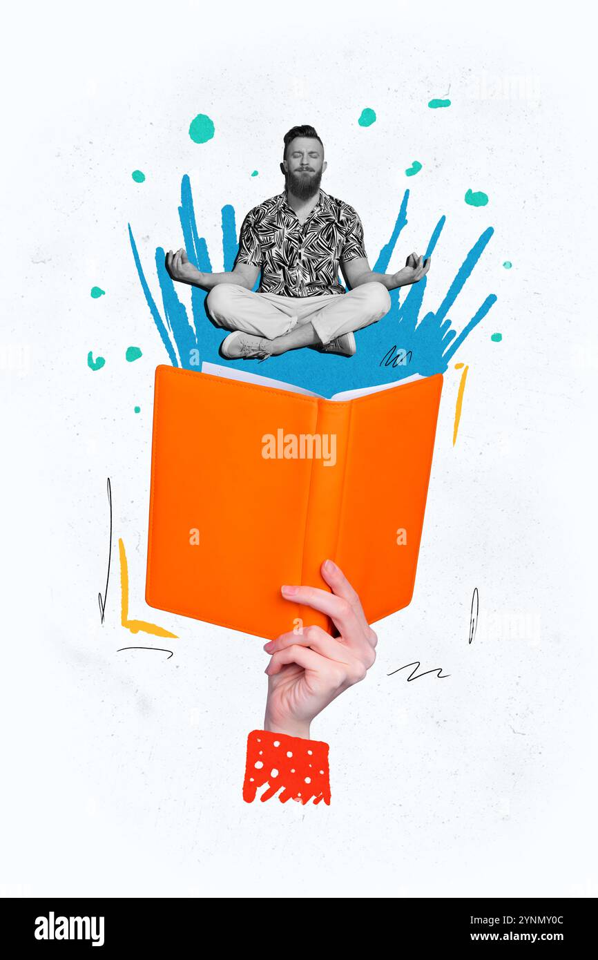 Vertikale Foto-Collage des ernsten Mannes Fliege Yoga Retreat Lotus Pose om Hand halten Buch Fantasie Bücherwurm isoliert auf gemalten Hintergrund Stockfoto