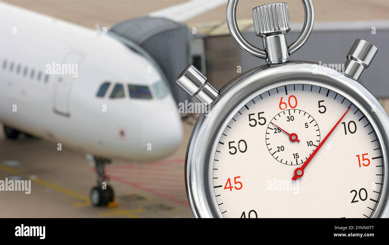 Stoppuhr vor einem Passagierflugzeug Stockfoto