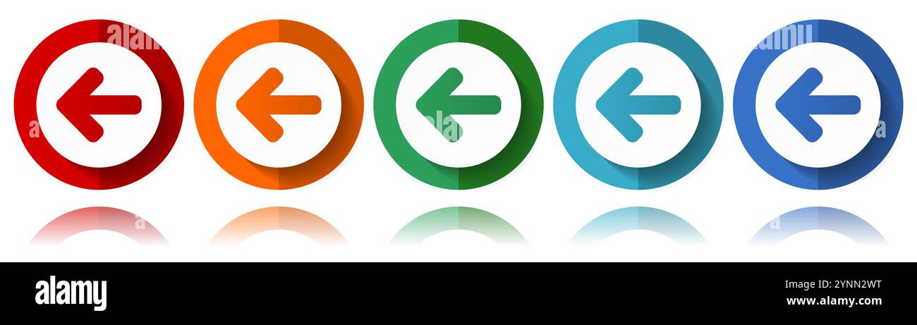 Pfeil nach links, Vektorsymbole nach hinten, flacher Symbolsatz für Logo-Design, Webdesign und mobile Anwendungen, farbenfrohe Webbutton-Kollektion in eps 10 Stock Vektor
