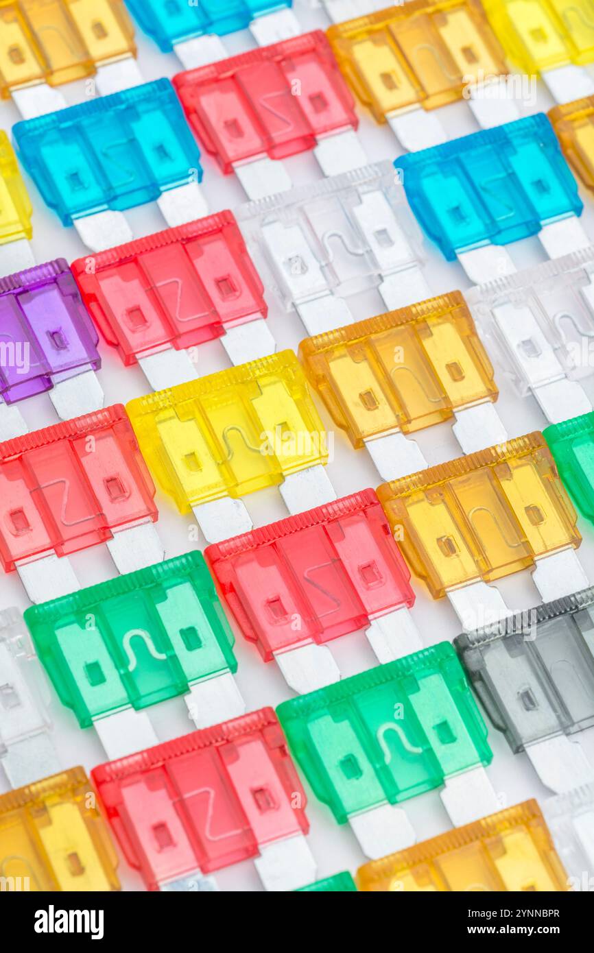Übersichtlich angeordnete Masse an bunten Kfz-Stecksicherungen in verschiedenen Amp-Farbcodierung. Metapher-Diversität, Wahl. Stockfoto