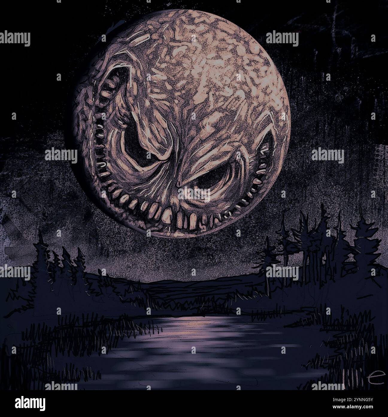 Horror Art: Großer Mond mit Schädelgesicht hängt über düsteren nächtlichen See und Holz, Buchcover, Zeitschriftenkunst, Horror Story, Halloween, Farbversion Stockfoto
