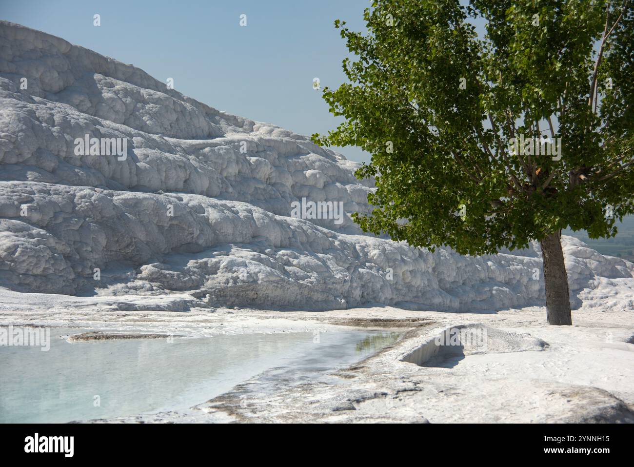 Die Travertinterrassen von Pamukkale hinterlassen von fließendem Thermalwasser, wodurch natürliche heiße Pools sowie einige künstlich geschaffene Pools entstehen. Stockfoto