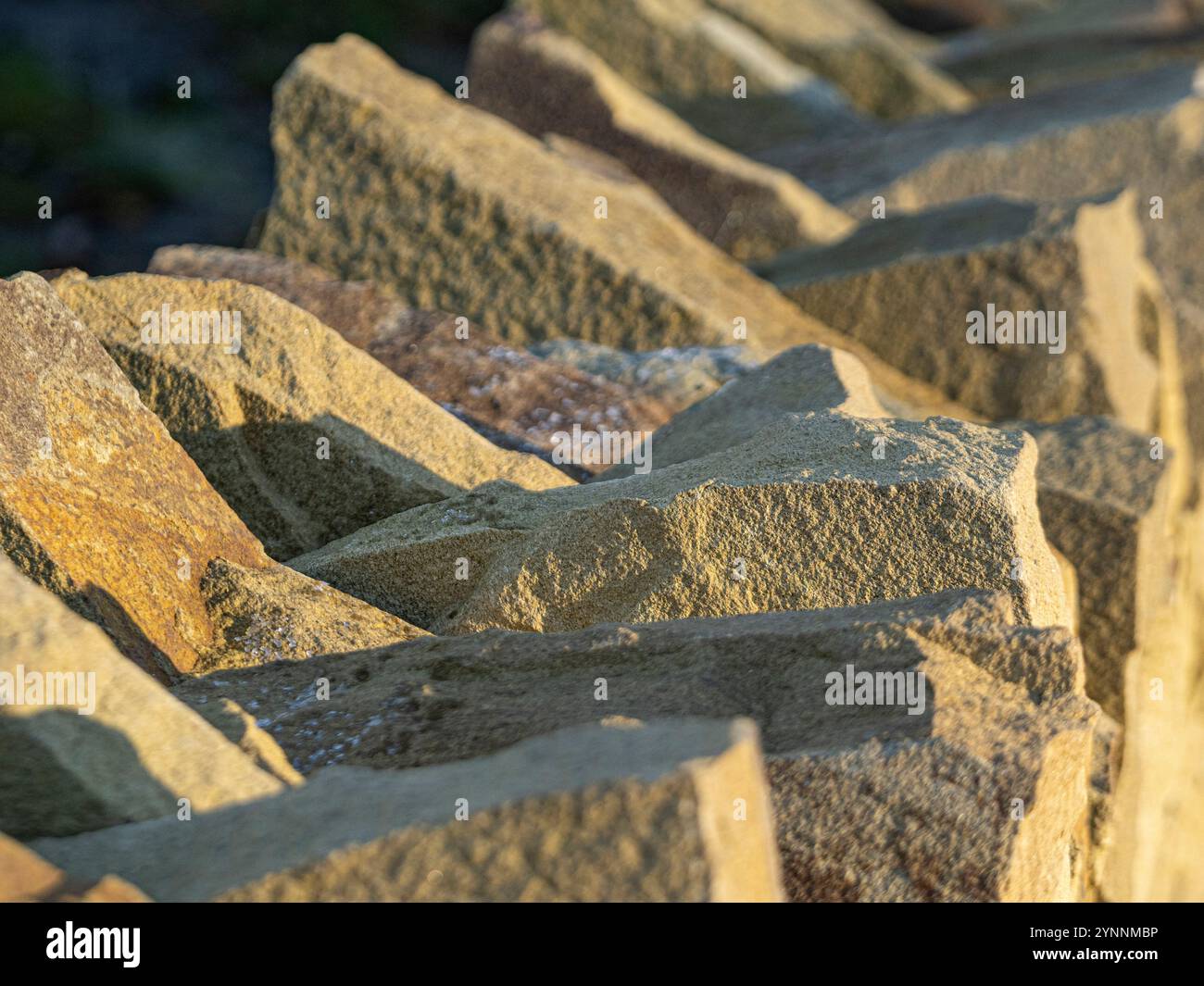Nahaufnahme der Sandsteinkuppelsteine auf der Spitze einer Trockenmauer, die nach einem Frost in der Sonne getaucht ist. Stockfoto