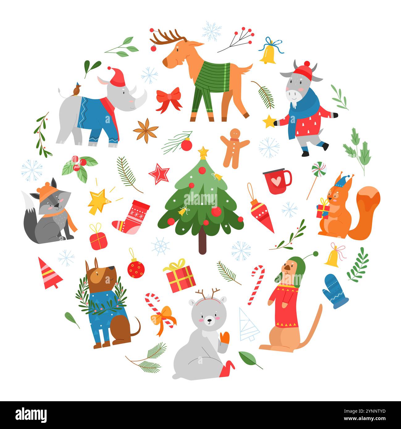 Kreisförmiges Design mit fröhlichen Tieren wie Hirschen, Füchsen und Eichhörnchen, umgeben von weihnachtlichen Elementen wie Geschenken, Bäumen und Schneeflocken. Eine verspielte Vektor-Illustration für festliche Designs. Stock Vektor