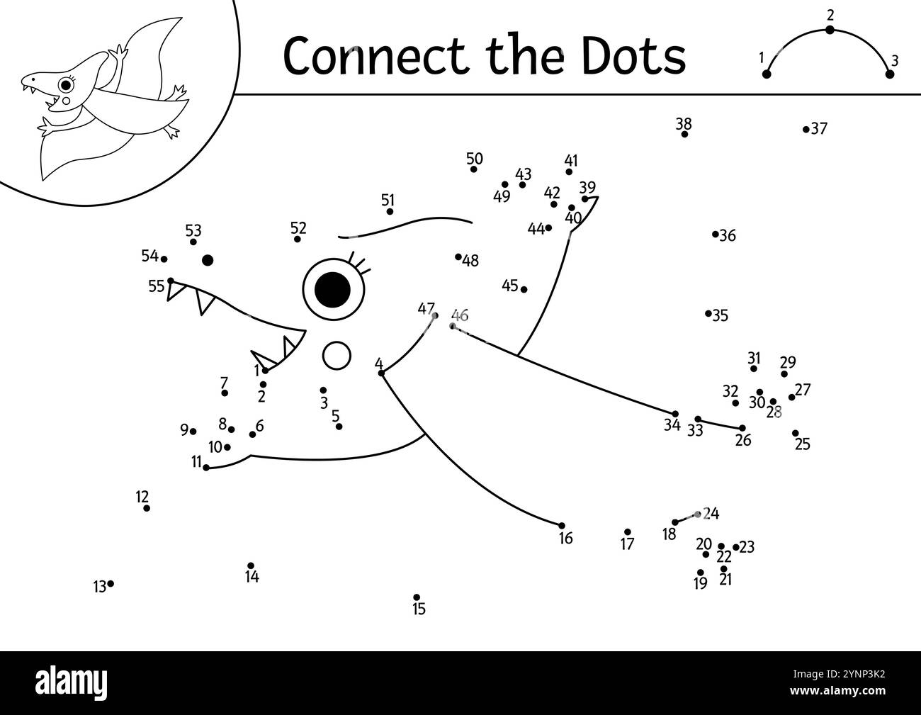 Vektorschwarz und weiß Punkt-zu-Punkt- und Farbaktivität mit Pterosaurier. Dinosaurier verbinden die Punkte Spiel, Ausmalseite. Welche Elemente werden mit dem Druckverfahren „Punkt“ verknüpft Stock Vektor