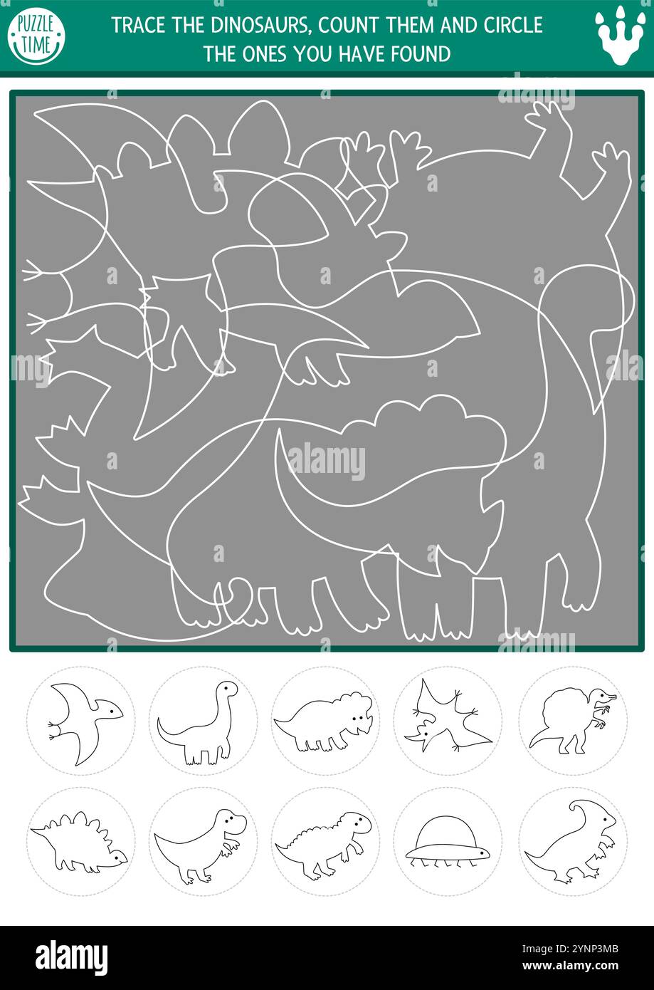Dinosauriersuche, Form- und Linienerkennung mit alten Tieren. Prähistorisches Puzzle mit weißem T-rex, Stegosaurier und triceratops-Konturen. Suchen Stock Vektor