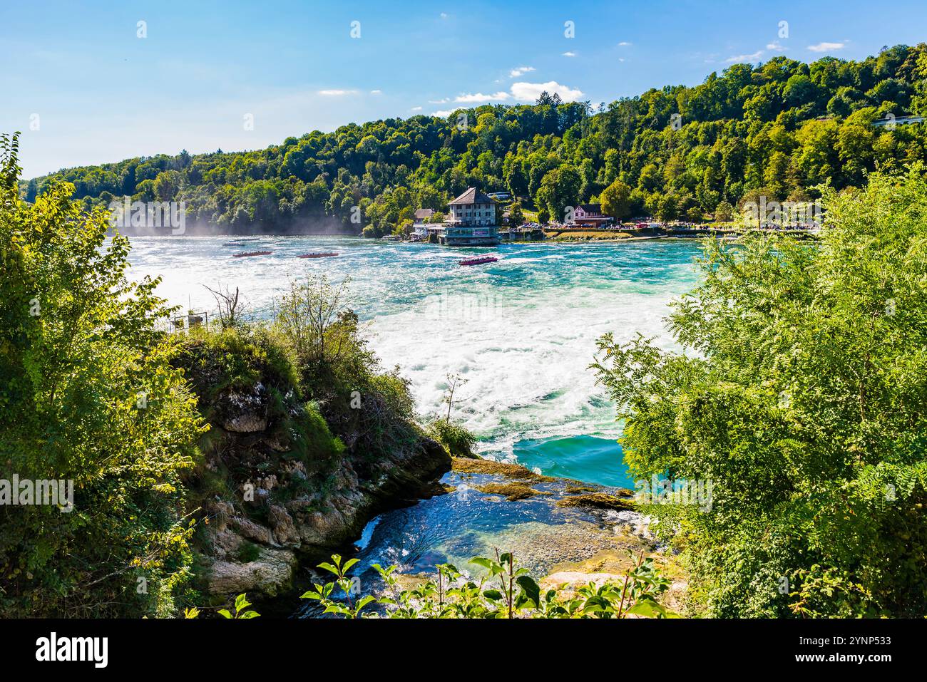 Burg Wörth und Promenade von RheinfallFelsen aus gesehen. Der Rheinfall ist ein Wasserfall in der Schweiz und der mächtigste Wasserfall Europas. Die Stockfoto