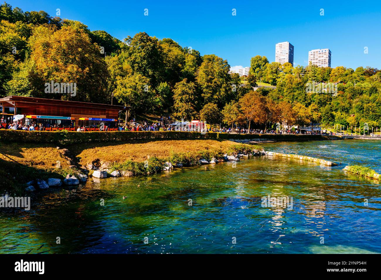 Promenade vor den Wasserfällen. Der Rheinfall ist ein Wasserfall in der Schweiz und der mächtigste Wasserfall Europas. Die Fälle sind lokalisiert Stockfoto