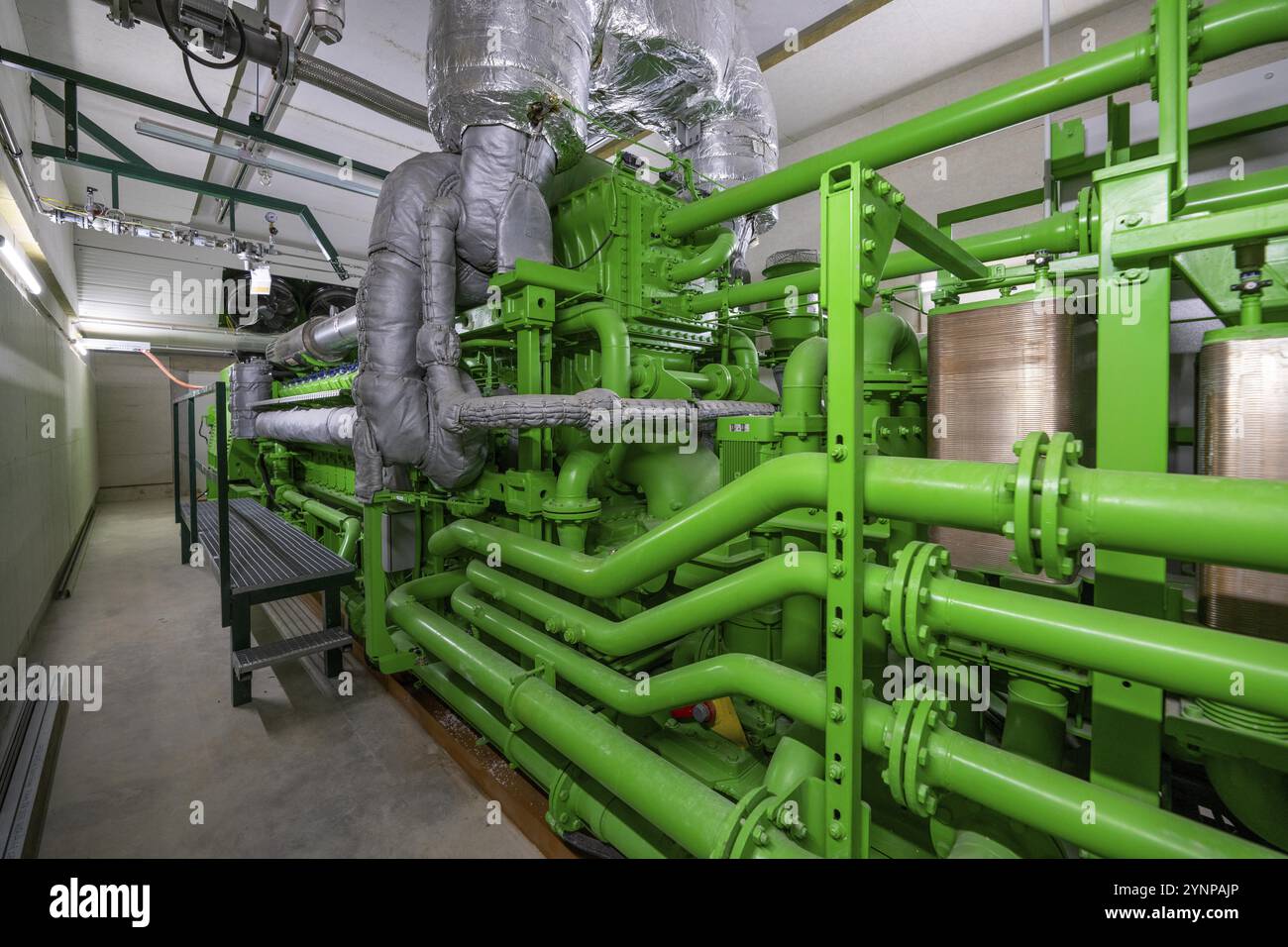 Biogasanlage, gasbetriebener Motor für die Stromerzeugung, Generator, in Blockheizkraftwerk wird das Gas aus verschiedenen Biomassen hergestellt, in Stockfoto