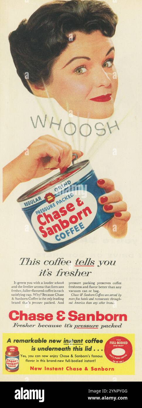 1956 Chase & Sanborn Coffee Ad – druckgepackte Dose – Standardmarken inkl. Stockfoto