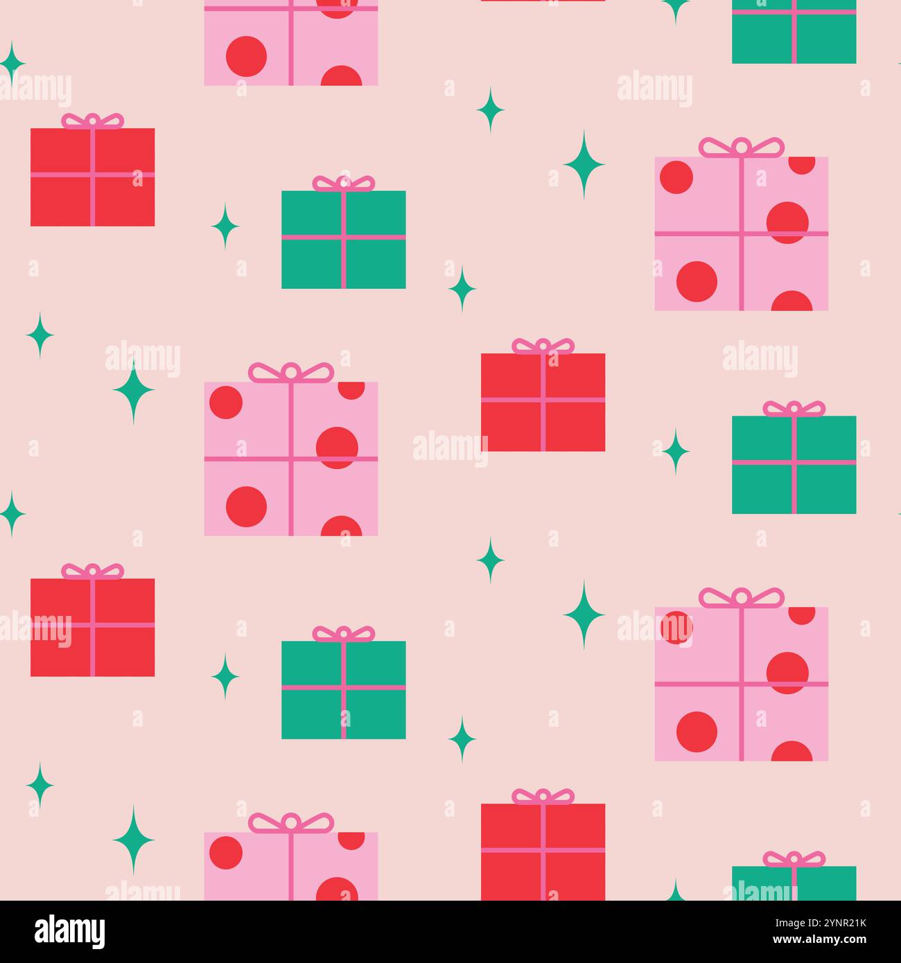 Geschenkverpackung mit Neujahrsmuster. Weihnachtsgeschenk-Boxen Dekorationen grün und rosa auf beigefarbenem hellem Hintergrund. Stock Vektor