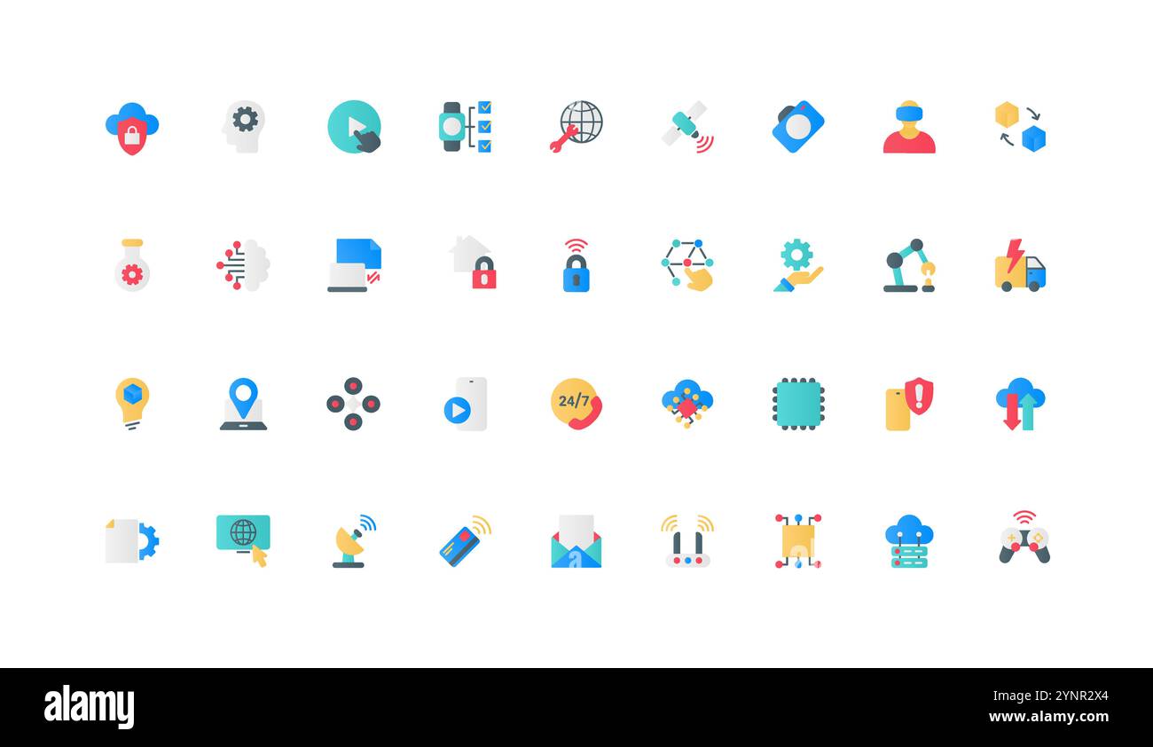 Innovative Kommunikationstechnologie, digitale Datenoptimierung mit KI und Algorithmen, Farbsymbole für Cloud-Verbindungen. Verteilung und Navigation der Vektorillustration für Drohnen und Roboter mit flachen Elementen Stock Vektor