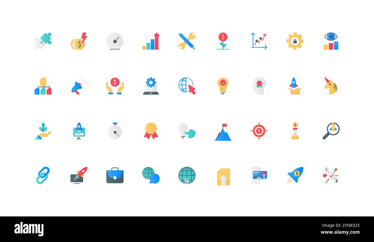 Farbsymbole für die Eröffnung von Neuunternehmen, Startup- oder Geschäftsprojekten und die Entwicklungsstrategie. Einhorn- und Raketenstart, Qualität und Algorithmus, kreative Idee, um Geld flache Elemente Vektorillustration zu machen Stock Vektor