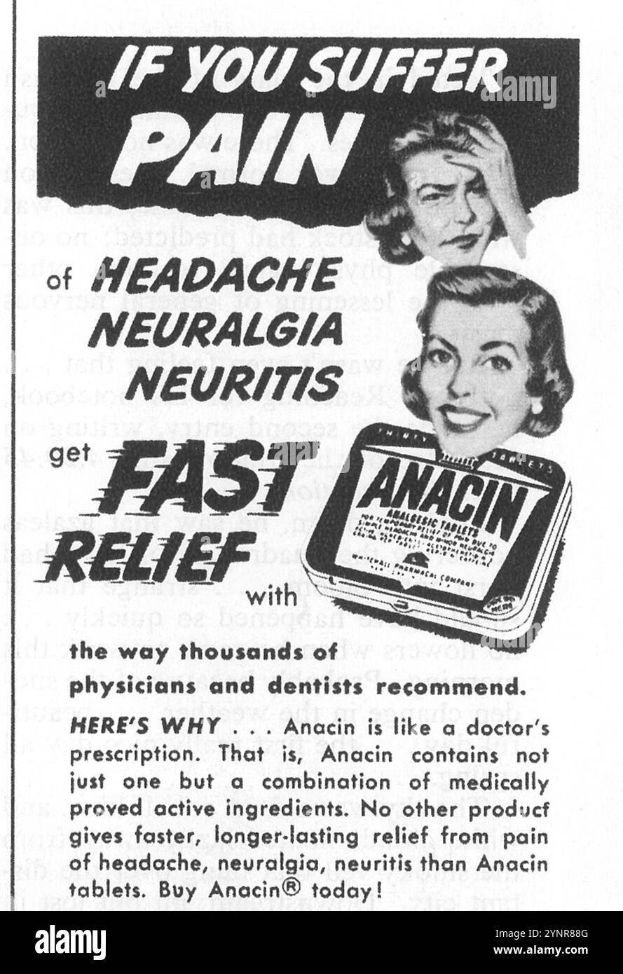 1954 Anacin Kopfschmerztabletten Schmerzmittel Ad Stockfoto