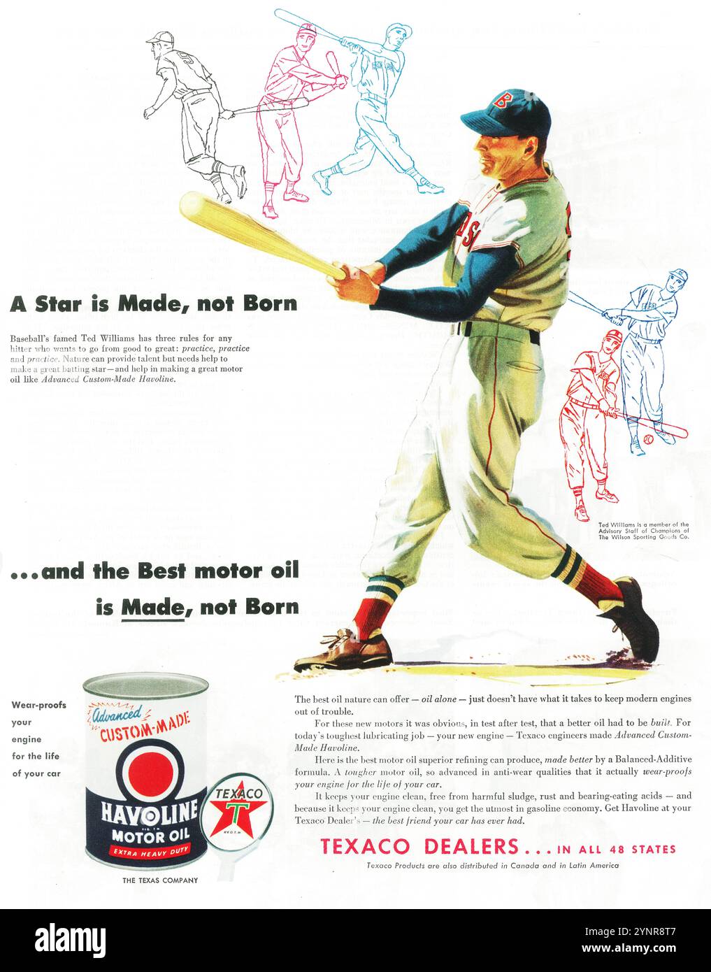 1954 Texaco Havoline Motor Oil Ad mit Baseballspieler Ted Williams von Boston Red Sox Stockfoto