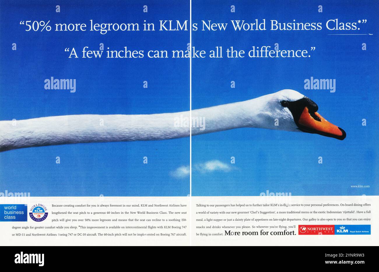2001 KLM Royal Dutch Airlines & Northwest Ad – „50 % mehr Beinfreiheit in der KLMs New World Business Class“ Stockfoto