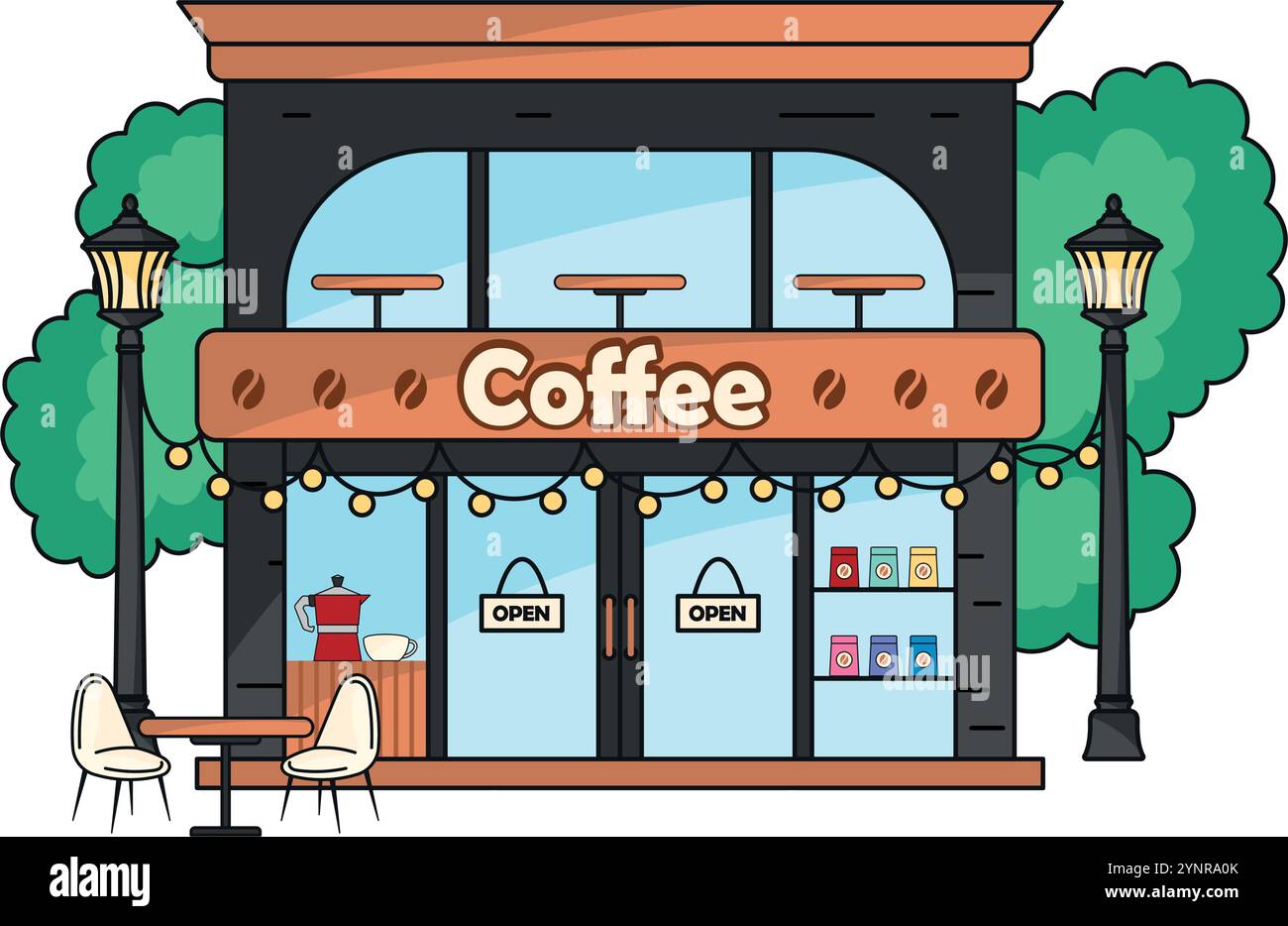 Gemütliche Café-Bar mit Sitzgelegenheiten im Freien, Vector Stock Vektor