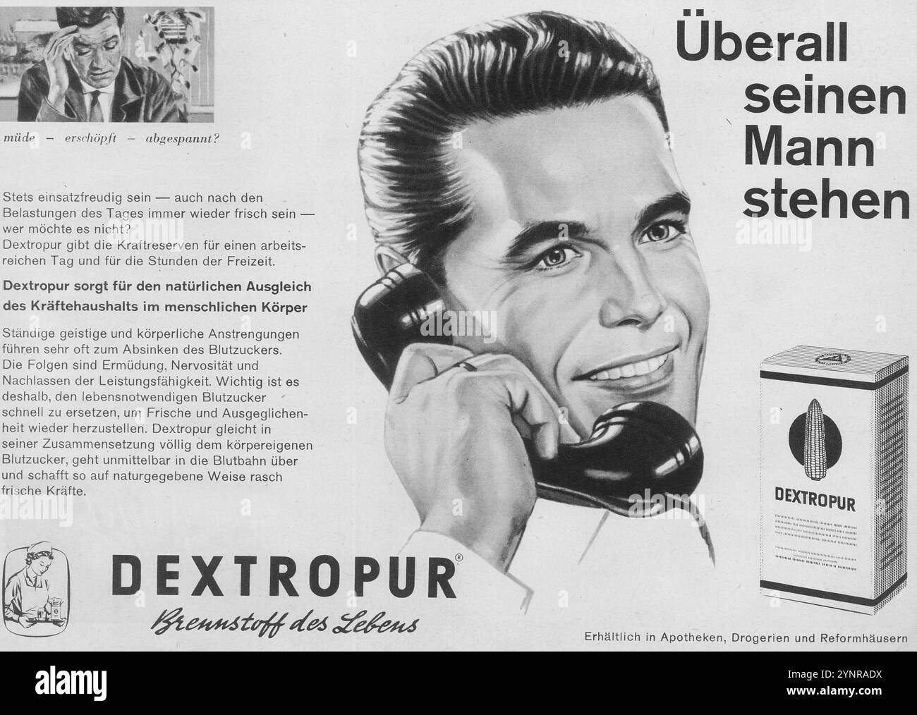 1961 Unilever Dextropur Glucose, reiner Traubenzucker, zur Süßung von Nahrungsmitteln und Getränken Deutsche Anzeige Stockfoto