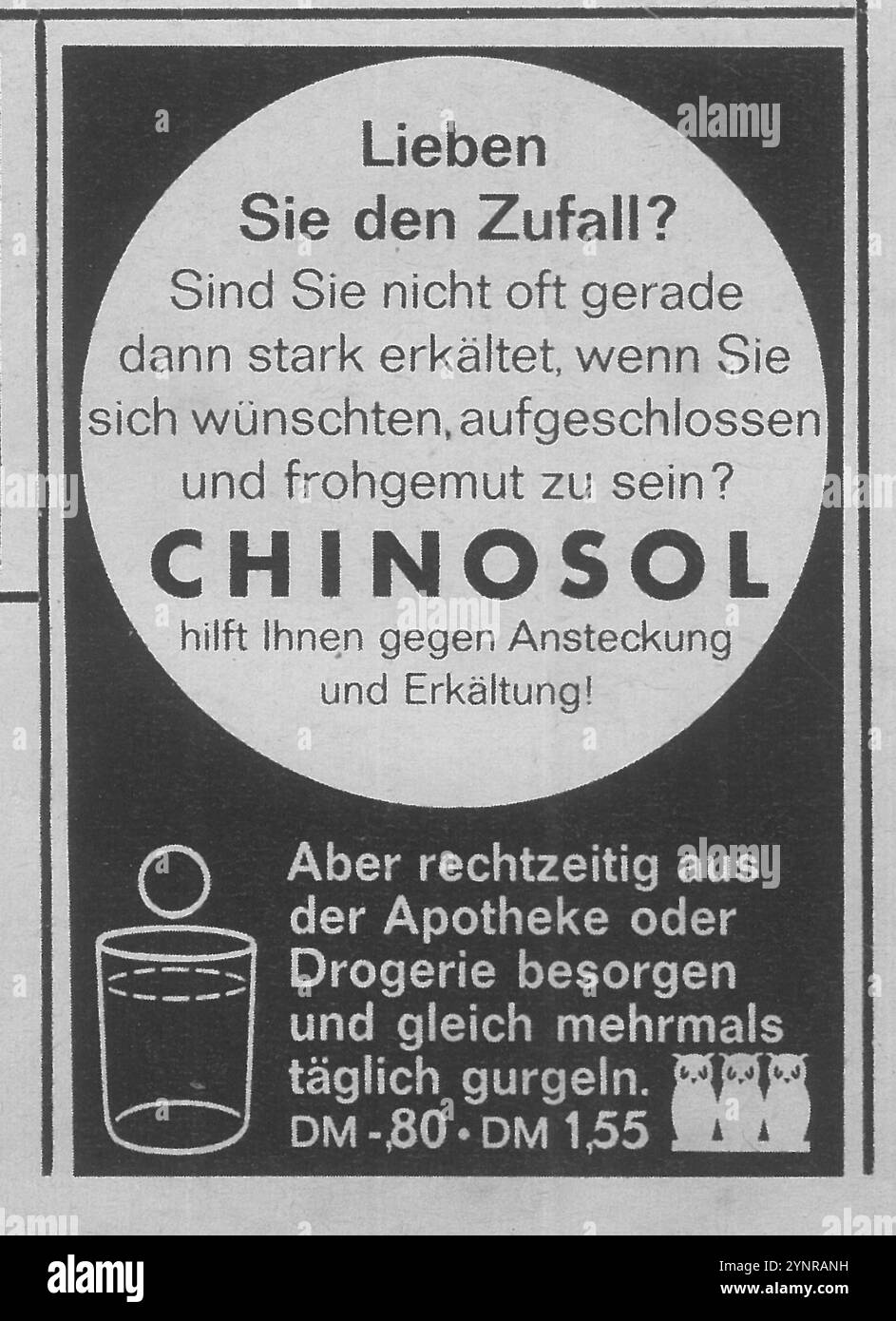 1961 Chinosol gegen Erkältung und Infektion antimikrobielle Arzneimittelwerbung in einer deutschen Zeitschrift Stockfoto
