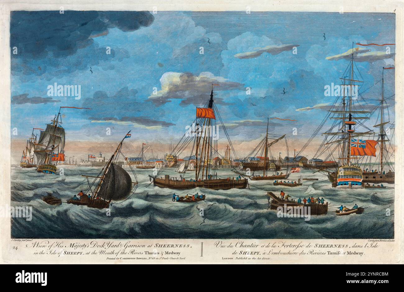 Druckfarbenstich der allgemeinen Ansicht von His Majesty's Dock Yard und Garnison in Sheerness aus der historischen Perspektive des 18. Jahrhunderts mit Aquarellgravierung alter alter, von Carrington Bowles nach James cleverly dem Jüngeren herausgegebener antiker Druck. Stockfoto