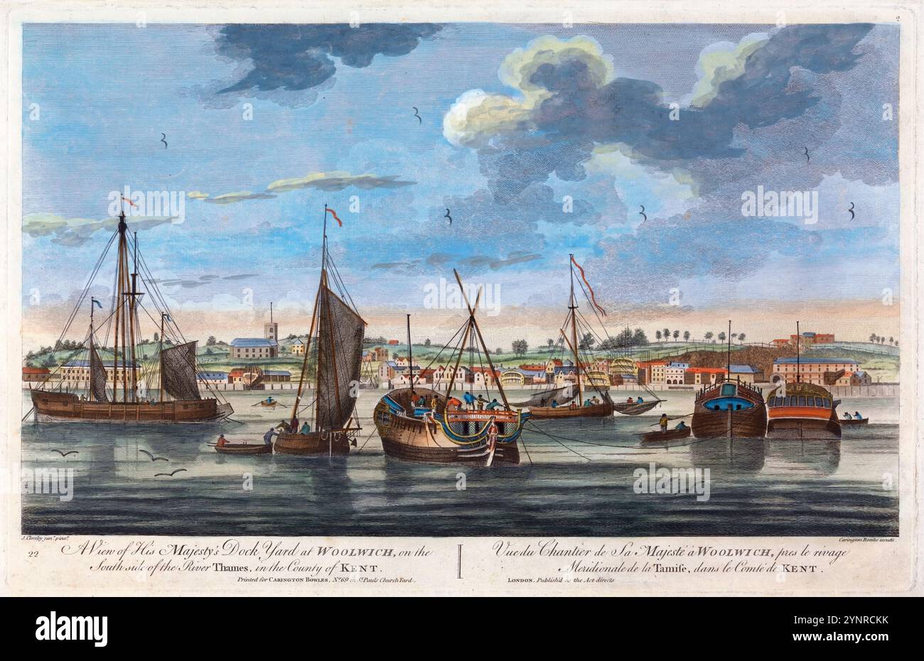 Druckfarbenstich der allgemeinen Ansicht der His Majesty's Dock Yard in Woolwich, Fluss Themse aus der historischen Perspektive des 18. Jahrhunderts mit Aquarellgravierung alter alter alter alter, von Carrington Bowles nach James cleverly dem Jüngeren herausgegebener antiker Druck. Kunstwerke Stockfoto