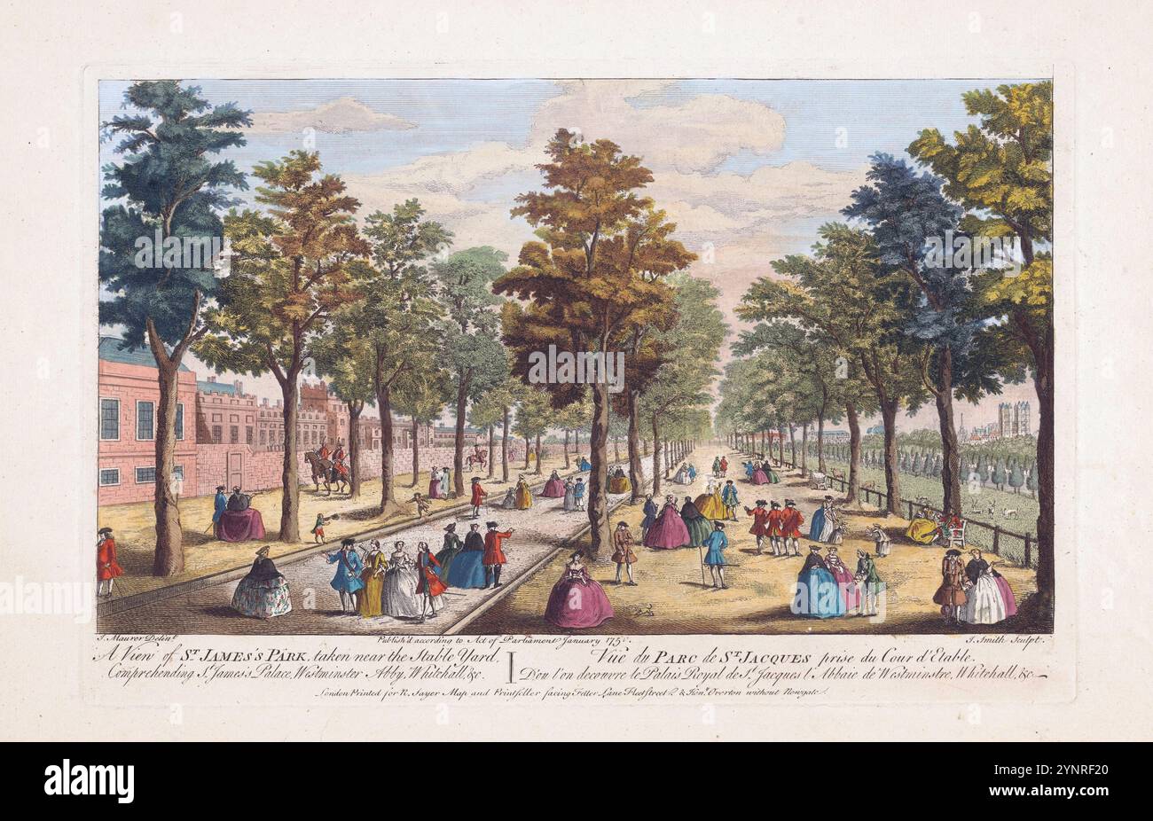 Ein gedruckter Farbstich des St James Park London aus dem Jahr 1751, Herausgeber Robert Sayer und Henry Overton nach Jacob Maurer Skyline aus dem 18. Jahrhundert und historischer Perspektive, die Aquarellfarben alten antiken Druck auftragen. St. James's Park in der Nähe des Stallhofs. Stockfoto