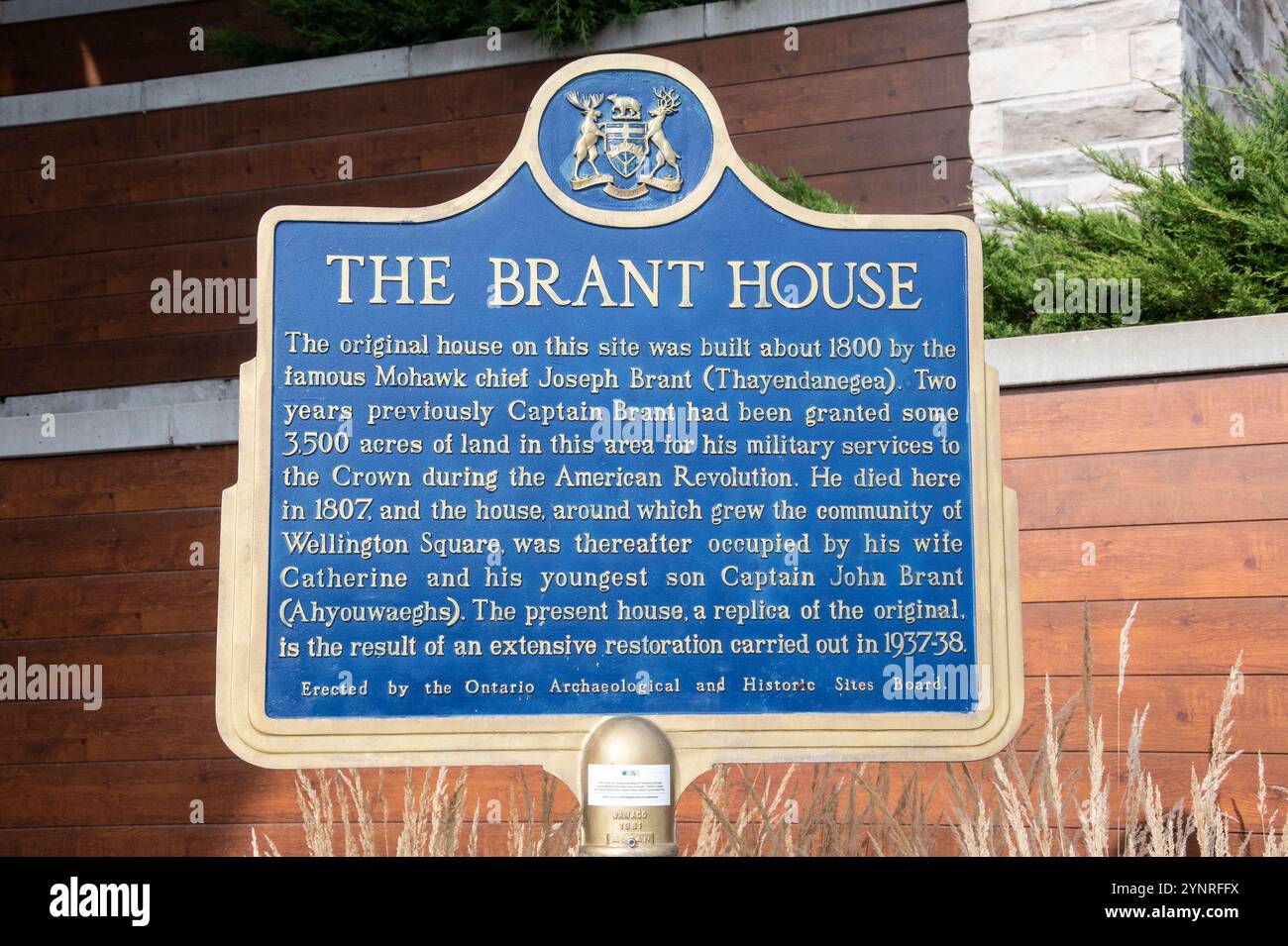 Brant House Plaque am North Shore Boulevard East in Burlington, Ontario, Kanada Stockfoto