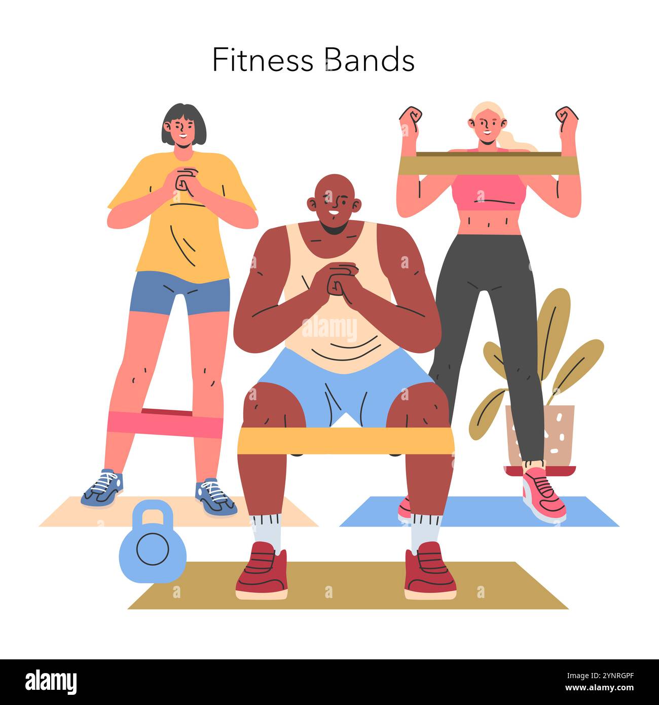Home Workout Konzept. Individuen, die sich mit Widerstandsbändern fit machen und Gesundheit und Wellness in Innenräumen fördern. Verschiedene Körpertypen beim Training. Vektorabbildung. Stock Vektor