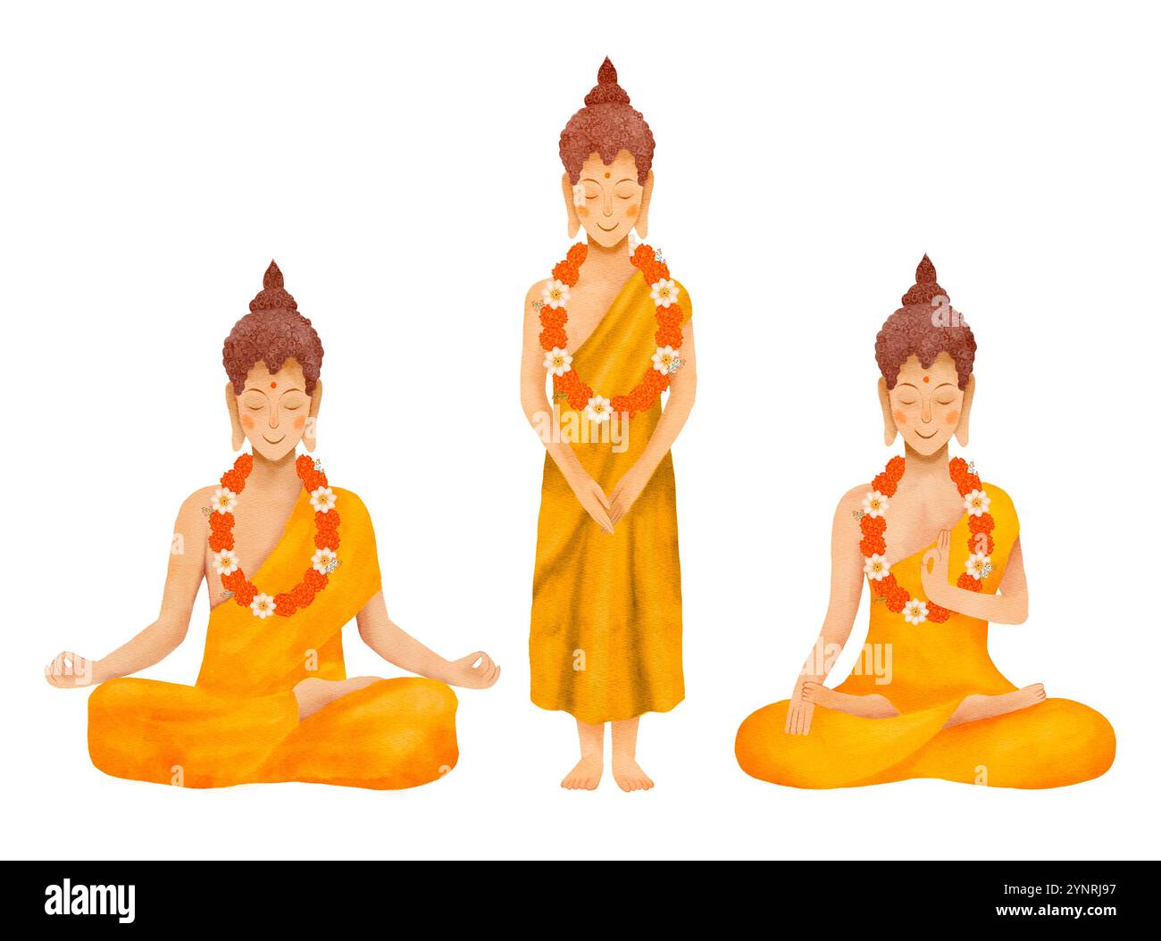 Drei ruhige buddhistische Figuren in Meditation, verziert mit Blumengirlanden, die Frieden und Spiritualität symbolisieren. Isoliertes Aquarellobjekt auf einem weißen B Stockfoto