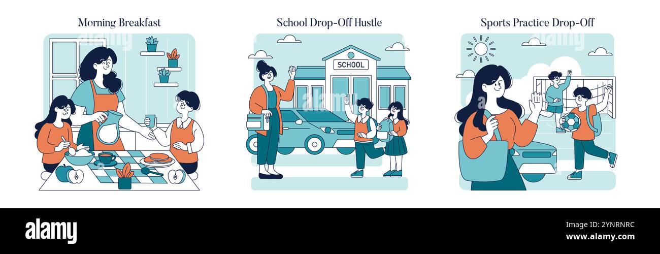 Working Mom Day Konzept. Eine Mutter gleicht Haushaltsaufgaben, Schulabläufe und sportliche Aktivitäten mit ihren Kindern aus. Morgenrituale zur Unterstützung nach der Schule. Vektorabbildung. Stock Vektor