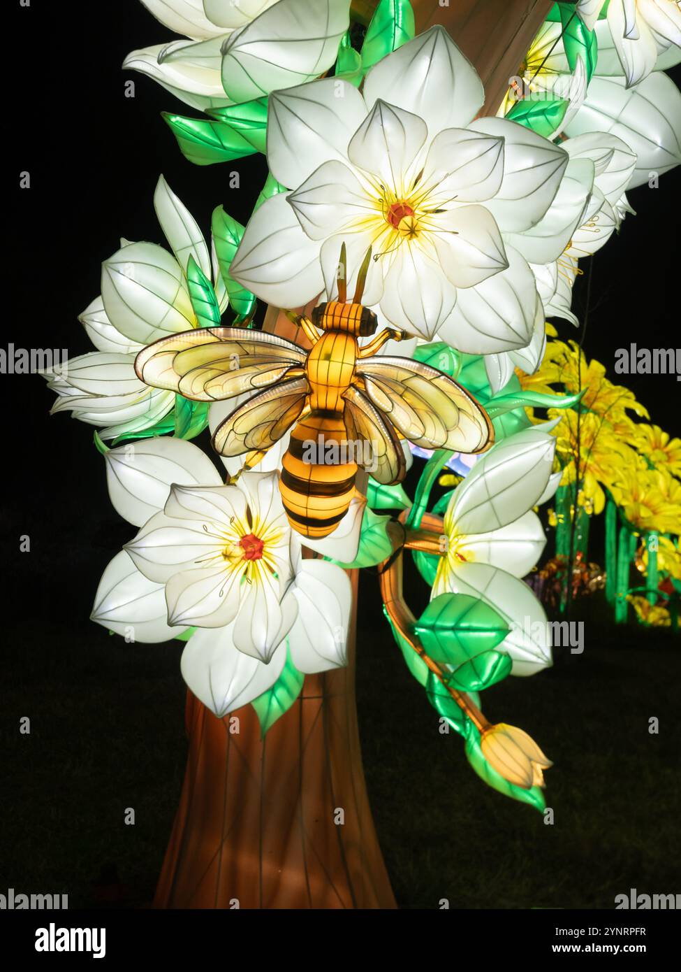 Stilisierter, beleuchteter Magnolienbaum mit Hummel. Ausgestellt in der Houston Botanic Garden Radiant Nature Exhibit. Stockfoto