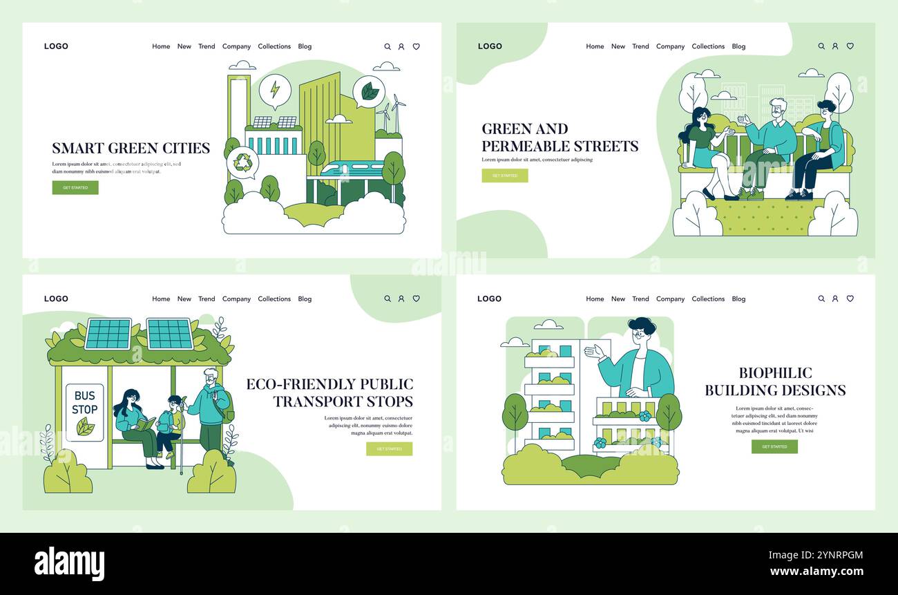 Green Infrastructure Set. Städtische Nachhaltigkeit mit grünen Gebäuden und umweltfreundlichem Verkehr. Integration erneuerbarer Energien. Vektorabbildung. Stock Vektor
