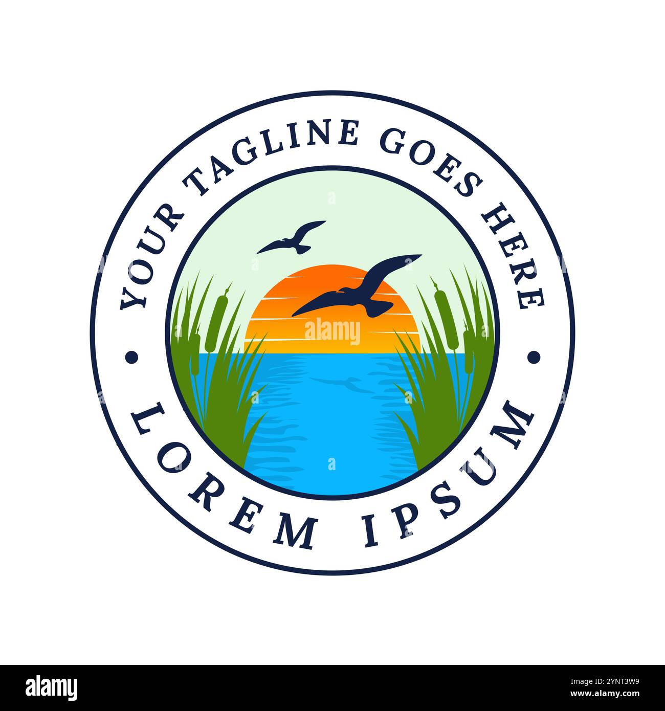 Naturlandschaften Stempel mit Sonnenuntergang, Vögeln fliegen im Himmel und typischen Vegetationselementen wie Gras am Wasser ist für Tourismus geeignet Stock Vektor