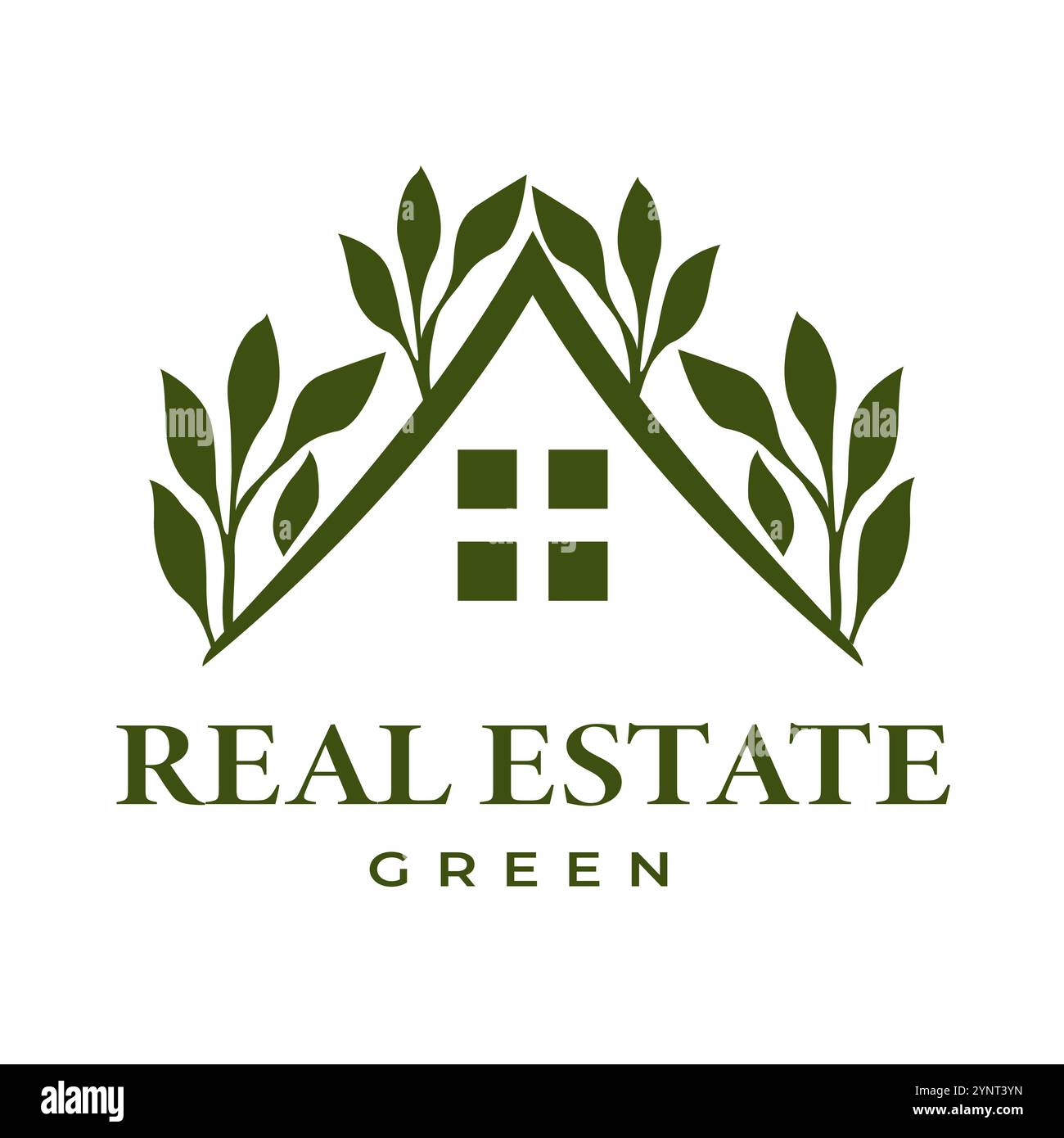 Real Estate Logo mit minimalistischem Design, das House- und Green Leaf-Elemente kombiniert, geeignet für das Branding in Immobiliengeschäften, umweltfreundliches Gehäuse Stock Vektor